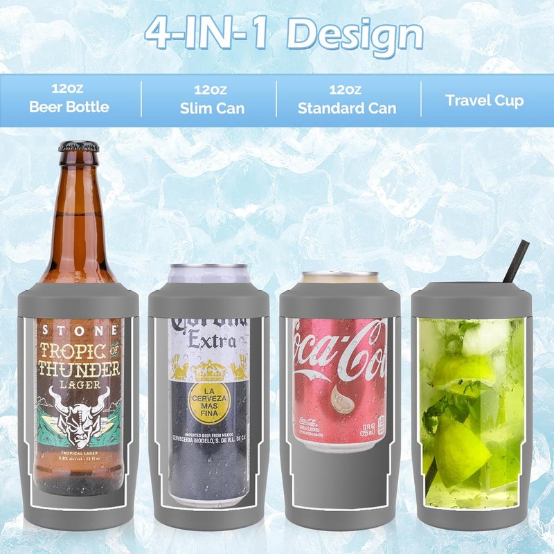 MoreFeel 4-in-1 Skinny Can Cooler Double Wall Stainless Steel Insulated Can Holder,Can Coozie, Works With 12 Oz Slim Can,Standard Cans,Beer Bottles & As Pint Cups (Dark Gray) - Image 2